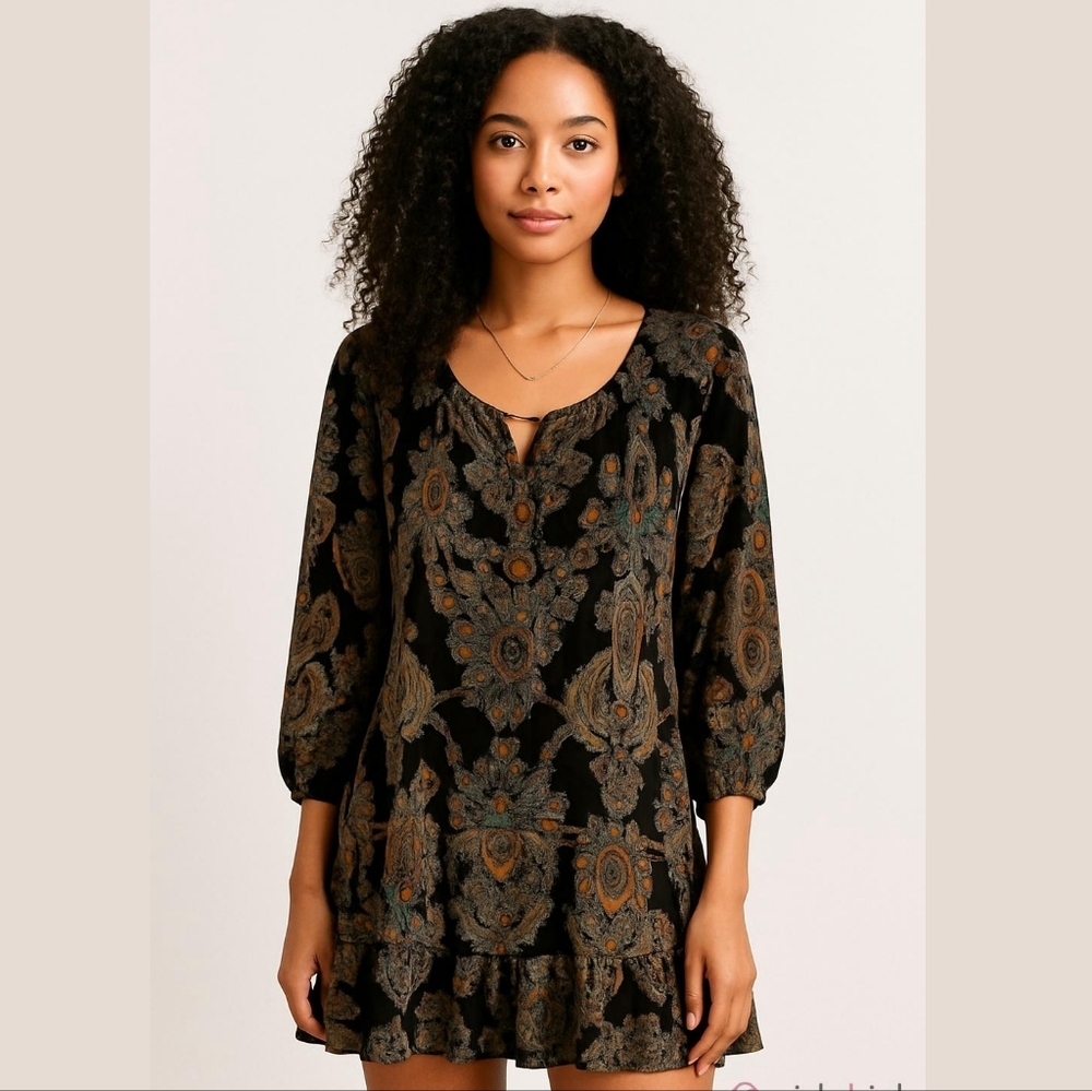 Boho Chic Xhilaration XL Dress Paisley Floral Ruffle Hem Scoop Neck Fall Ready